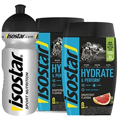 Immagine di Isostar Hydrate &amp; Perform Iso Drink 400 g di polvere isotonica per bevande elettroliti supportare le prestazioni atletiche 2 x pompelmo + bottiglia da 0,5 litri