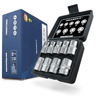 Immagine di HASKYY 9 pezzi di set bussole profilo E (Torx), inserti chiave a bussola E10 E24