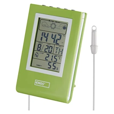 Immagine di EMOS Stazione meteorologica digitale con termometro esterno e interno sensore cavo da 1,9 m, previsioni meteo, data, ora, fasi lunari, sveglia, funzionamento a batteria, verde
