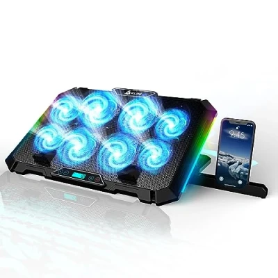 Immagine di KLIM V8 Base di raffreddamento da Gaming per Notebook con 8 ventole + Nuovo 2024 Stabile Supporto RGB portatile Compatibile fino a 17&quot; 2 porte USB telefono