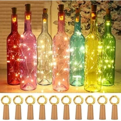 Immagine di Aistuo 15 luci a LED per bottiglia di vino, con 50 batterie, 20 LED, 2 m, filo rame, decorazioni fai da te, Natale, feste, d&#039;atmosfera (bianco caldo)