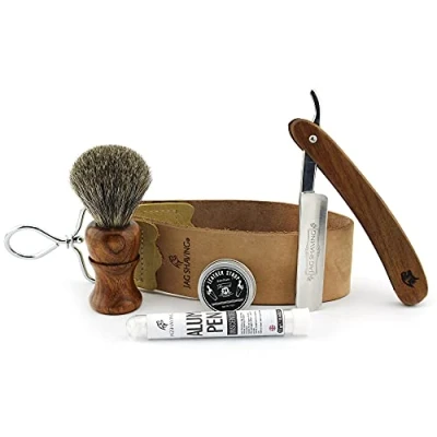 Immagine di Jag Kit da barba sostenibile 5 pezzi, set di rasoi a mano libera, Pennello in legno tasso Rasoio libera Armatura pelle Composto abrasivo Bastone allume