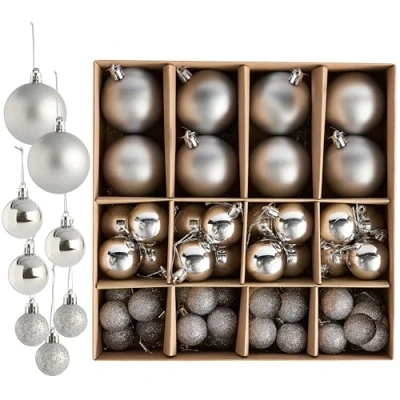 Immagine di THE TWIDDLERS Confezione da 50 Palline di Natale Argento Dimensioni e Finiture Varie 6cm, 4cm, 3cm Opache, Lucide Glitterate per Decorazione dell’Albero