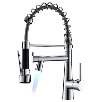 Immagine di TIMACO LED rubinetto da cucina cromato con molla a spirale, lavello girevole 360 due bocche di erogazione, e doccia estraibile