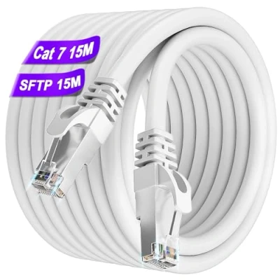 Immagine di Cavo Ethernet 15 Metri Cat 7, Lan 15m Alta Velocità Rete 24AWG 10Gbps 600MHz Wlan Gigabit Internet S/FTP Bianco Schermato Patch Impermeabile Esterno RJ45 per Router Modem