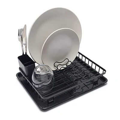 Immagine di simplywire Scolapiatti compatto cestello per asciugare i piatti con vassoio di sgocciolamento e le posate Piccolo Nero