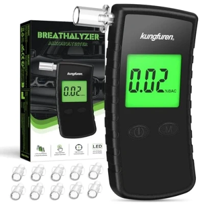 Immagine di Alcol Test Etilometro Portatile Certificato: Professionale Digitale Alcoltest con Display LCD Blu Tester di Alcool Precisione Grado 11 Bocchini per Personali