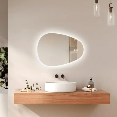 Immagine di EMKE Specchio da Bagno con Illuminazione, LED Asimmetrico, Interruttore Touch, 3 Colori di Luce Regolabili, Antiappannamento, Risparmio Energetico,70 x 50 cm