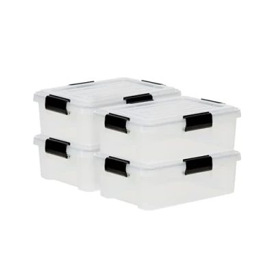 Immagine di Iris Ohyama, Scatole Portaoggetti Ermetiche in Plastica, 10L, Set di 4, Trasparente, Coperchio Impermeabile, con Chiusura, Impilabile, Per Esterni, Garage, Vestiti, Antipolvere, Senza BPA, DDAT S