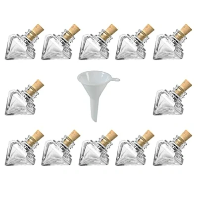Immagine di Viva Haushaltswaren 12 Mini Bottiglie in Vetro con Tappo Sughero da riempire autonomamente, Forma a Diamante, capacità 15 ml, Imbuto Diametro 5 cm Incluso
