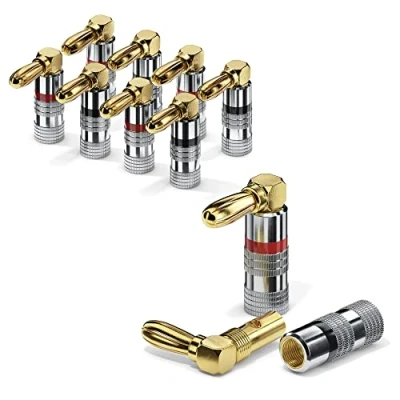 Immagine di sonero® connettori a banana, angolati 90, set di 8, per tutti i cavi degli altoparlanti con un diametro 6 mm², 8 pezzi anello colorato circostante (4x rosso, 4x nero)