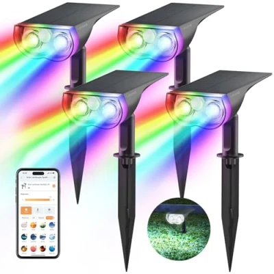 Immagine di Linkind RGBTW Luci solari da Esterno Giardino, 16 milioni di colori RGB Faretti intelligenti per il giardino con Bianco caldo e freddo, Impermeabile IP65, controllabile in Gruppo, 4 pezzi
