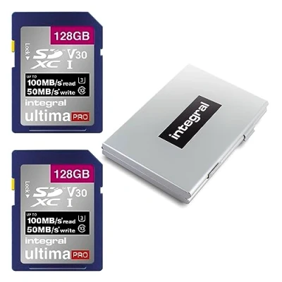 Immagine di Integral Scheda di memoria SD da 128 GB, confezione 2 pezzi, 4K Ultra HD, video ad alta velocità, SDXC fino a 100 MB/s, V50 UHS I U3, classe 10