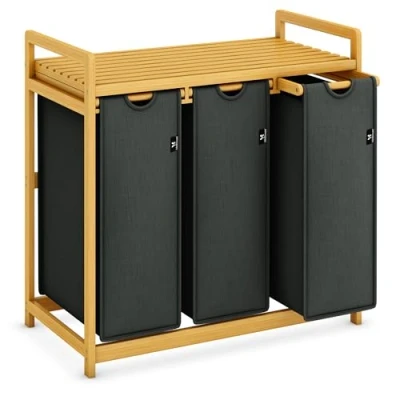 Immagine di AdelDream Cesto per la biancheria 150L 3 scomparti 2 ripiani estraibile e rimovibile in bambù colore: Beige 6 18