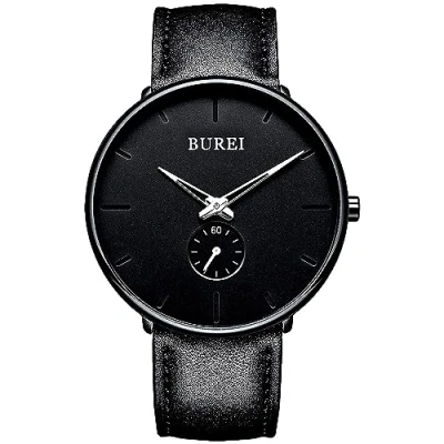 Immagine di BUREI Orologio da uomo nero ultra sottile con quadrante Lancette analogiche al quarzo argento cinturino in pelle nera