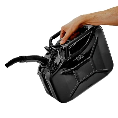 Immagine di BW© Tanica per carburante in metallo, 10 litri, con beccuccio, colore nero, RAL 9005, certificata TÜV e approvazione ONU, Made Europe