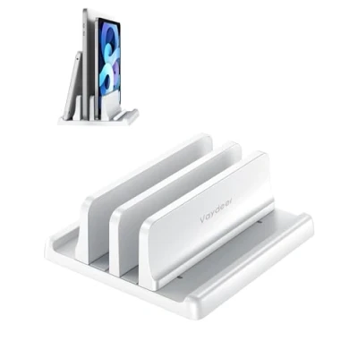 Immagine di Vaydeer supporto verticale per laptop da scrivania, doppio slot in plastica con design salvaspazio 4 1, regolabile laptop, supporta MacBook, Chromebook, Surface, Dell