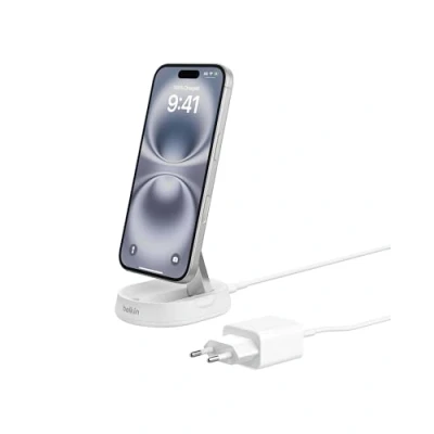 Immagine di Belkin BoostCharge Pro caricatore magnetico convertibile da 15 W, caricabatterie wireless rapido Qi2, compatibile con MagSafe, per iPhone 15, 14, 13, 12, AirPods, alimentatore 20 W incluso, Bianco