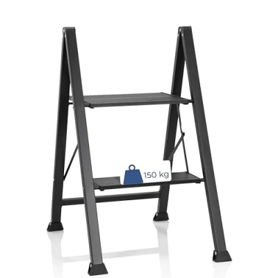 Immagine di hjh OFFICE 801204 Scala pieghevole 2 gradini SOLID W5 a in acciaio, portata fino 150 kg, gradino pieghevole, nero
