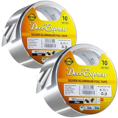 Immagine di DECO EXPRESS Nastro Adesivo di Alluminio, Foglio Alluminio Multiuso per Alte Temperature 45mm x 10/25/50m Sigillare, Riparare, Isolare, Argentato (10 M 2 Nastri)