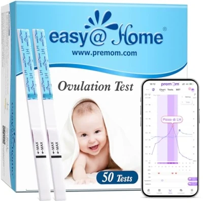 Immagine di Easy@Home 50 x Test Ovulazione Stick 25mIU/ml, Aumenta le tue Probabilità di Rimanere Incinta, Altamente Preciso, Combinato con APP Premom Monitor Donna Fertilità, LH