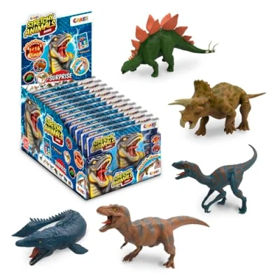 Immagine di CRAZE Stretchy Animals Dinos 12 Figure di dinosauri con pelle elastica, imbottitura speciale, effetti cromatici e carte da gioco, 16 modelli collezionare