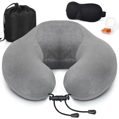 Immagine di Cuscino da viaggio, collo in memory foam, di supporto, Cervicale Viaggio per Auto, con Maschera gli Occhi e Tappi le Orecchie, Borsa (Grigio)