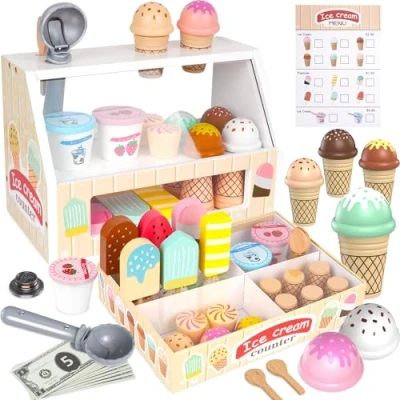 Immagine di Gelateria giocattoli in legno per bambini da 3 4 5 6 anni ragazzi ragazze, accessori cucina bambini, negozio la spesa, gioco