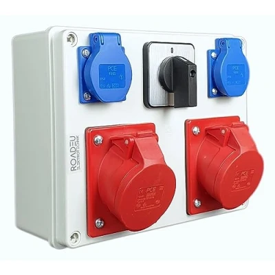 Immagine di RoadEu Distributore di corrente 2 prese CEE 16A con Schuko 230V interruttore principale 0 1. a parete componenti PCE IP44