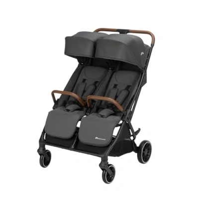 Immagine di Bebeconfort Mane Passeggino Gemellare Leggero, 0 22 kg, Chiusura Automatica, Doppio Pieghevole e Reclinabile, Corrimano, Parapioggia, Cestello Capiente (8 kg), Mineral Graphite