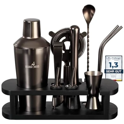 Immagine di BARMINGO® set da cocktail in acciaio inox, 11 pezzi, 700 ml, con supporto e accessori bar, shaker per cocktail, barista, regalo, nero