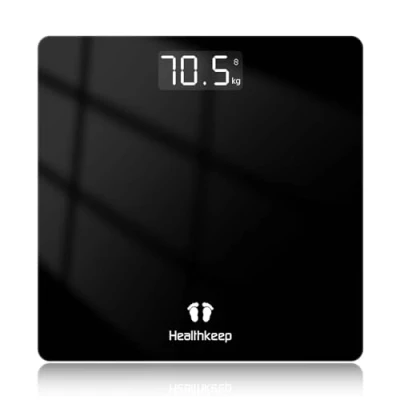 Immagine di bilancia personale Healthkeep, pesapersone con sensori ad alta precisione, digitale tecnologia step on, in vetro di sicurezza, nera 26 cm*26 cm