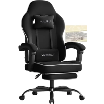 Immagine di WOLTU Sedia gaming, Ampia da Ufficio Ergonomica Imbottita con Cuscino a Molla, Alta Capacità di Carico, per Computer Schienale Alto e Poggiapiedi, Tessuto rete, Nero, GS11sz