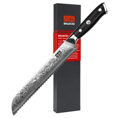 Immagine di SHAN ZU Coltello per il Pane Damasco, 8 Pollici Seghettato 67 Strati in Acciaio Inossidabile Carbonio, da Cucina Affilato con Manico Pakkwood Pane, Affettare Torte
