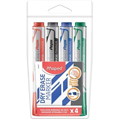Immagine di Maped Pennarelli cancellabili a secco, confezione da 4, blu, nero, rosso, verde, punta scalpello larga 1 5 mm, lavagna bianca, ardesia e superfici non porose
