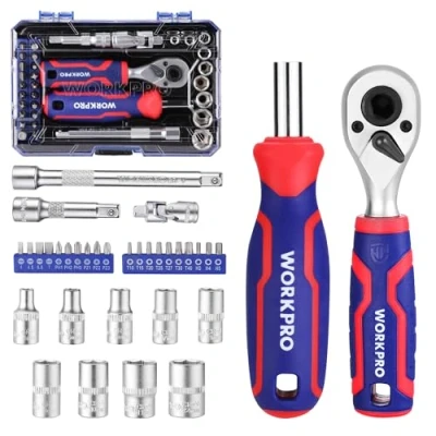 Immagine di WORKPRO Set di 34 Bussole e Bit, Chiave a Cricchetto da 1/4&quot; Cacciavite Magnetico Inserti, Testa Doppia 2 in 1, Prolunghe Snodo Universale, Custodia Compatta per Spazi Ristretti