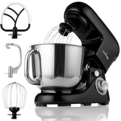 Immagine di Lehmann Robot da cucina planetario con ciotola in acciaio inox 5 l, agitatore multifunzione 2200 W, macchina per pasta a 6 velocità, coperchio paraspruzzi, gancio impastare e frusta (Nero)