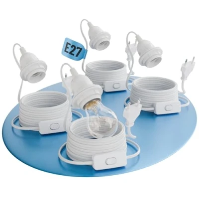 Immagine di greate. Portalampada 4x E27 con interruttore e cavo bianco 5 metri spina max. 60W 250V porta lampada interruttore, cavo, lampade