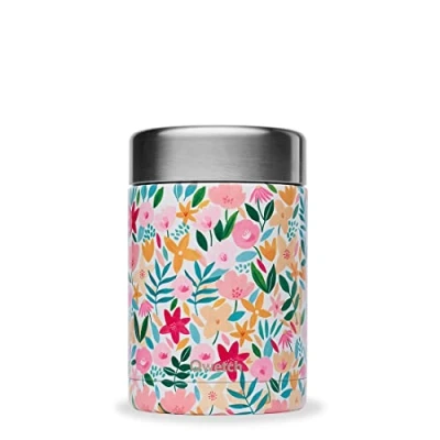 Immagine di Qwetch Lunchbox isotermico in acciaio inox Flora Rosa 600ml 5h caldo e 7h freddo impermeabile senza BPA per viaggi, ufficio, picnic