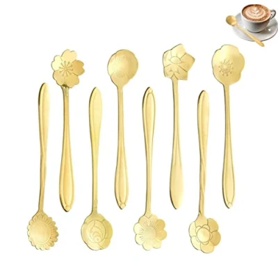 Immagine di LYTIVAGEN 8 Pezzi Set di Cucchiaini da Caffè Cucchiaio in Acciaio Inox a Forma Fiori Metallici per Creativi Piccolo Zuppa Zucchero Gelato Dessert Marmellata Oro