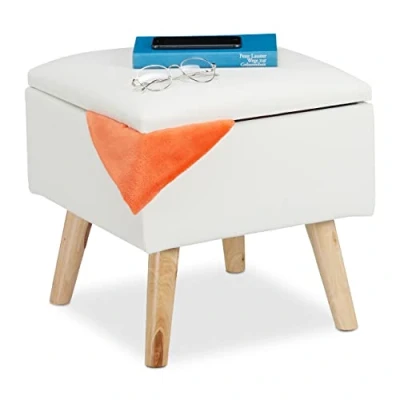 Immagine di Relaxdays Pouf Contenitore in finta pelle, 40 x cm, Sgabello Cubo Imbottito, bianco, legno, gommapiuma, 1 pz