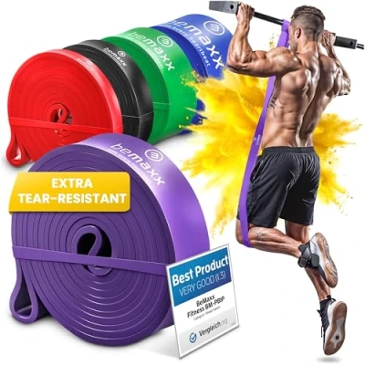 Immagine di Banda Elastica di Resistenza + Programma Allenamento Fasce Elastiche Aiuto per Pull Up Allenamento, Allungamento, Ginnastica Palestra, Yoga, Pilates Versatili, Duraturi, Resistenti
