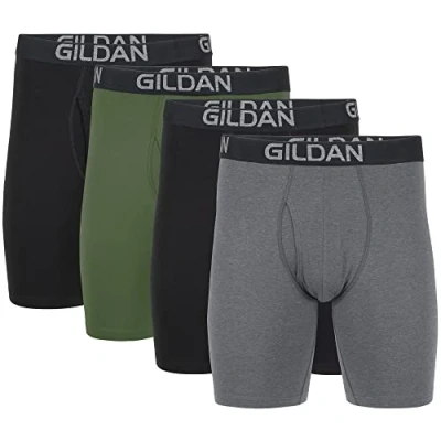 Immagine di Gildan Boxer in Cotone Elasticizzato, Multipla Corti, Black Soot/Heather Dark Grey/Green Midnight (Confezione da 4, Gamba Lunga), S (Pacco 4) Uomo