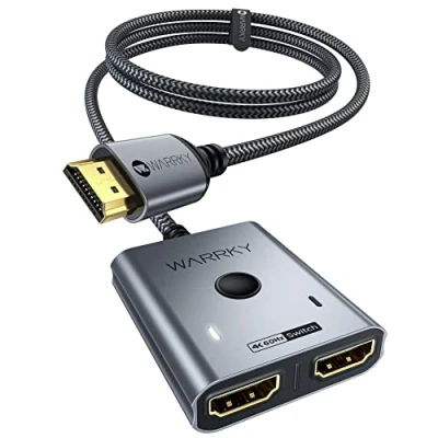 Immagine di WARRKY Switch HDMI 4K@60Hz, [Alluminio, Cavo Fisso in Nylon 1m] Sdoppiatore Bidirezionale 2 1 out (Uno Schermo alla Volta), Splitter Supporto HDR/HDCP 2.2/3D 1080p Per TV, PC, PS5, Xbox