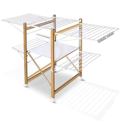 Immagine di VOUNOT Stendibiancheria Pieghevole Estensibile, Stendino Salvaspazio a 2 Livelli con Rete Asciugatura Vaschetta Portamollette, Effetto Legno Allungabile per Esterno ed Interno 180x61x105cm Bianco