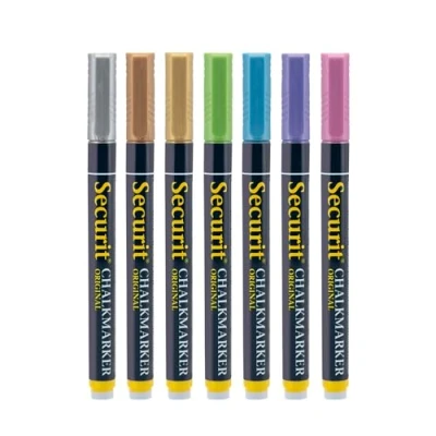 Immagine di Securit Set da 7 pennarelli a gesso liquido colori Metallici Punta fina Colore: rosa metallizzato, verde, blu, viola, rame, oro e argento