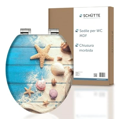Immagine di SCHÜTTE BEACH WOOD Sedile WC con abbassamento automatico in legno, coperchio per WC, anima motivo (carico massimo sugli occhialini 175 kg), multicolore
