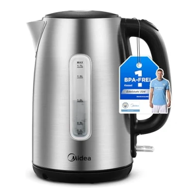 Immagine di Midea Bollitore MK 17S30A3 in acciaio inox, 1,7 l, senza BPA, funzione di cottura rapida, 2200 W, manico isolato con indicatore del livello dell&#039;acqua, LED, protezione contro il