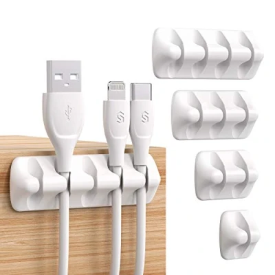 Immagine di SYNCWIRE Fermacavi, organizer per cavi, sistema autoadesivo organizzare i ideale casa, ufficio, auto, comodino, accessori da scrivania, confezione 5 (bianco)