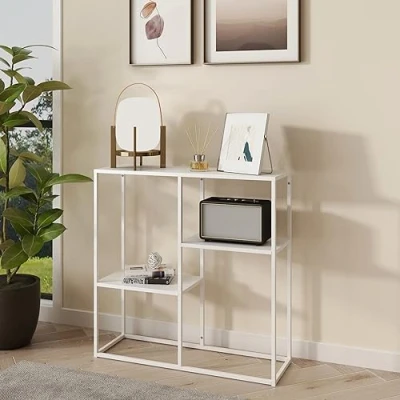 Immagine di [en.casa] Tavolo a Consolle con 3 Piani Mobile Stretto da Ingresso in Acciaio Scaffale Terra Espositore 80 x 26 cm Bianco, opaco
